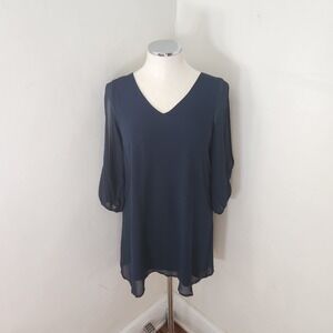 Lulus Navy Blue V-Neck Split Sleeve Shift Dress XXS Chiffon Mini Dress